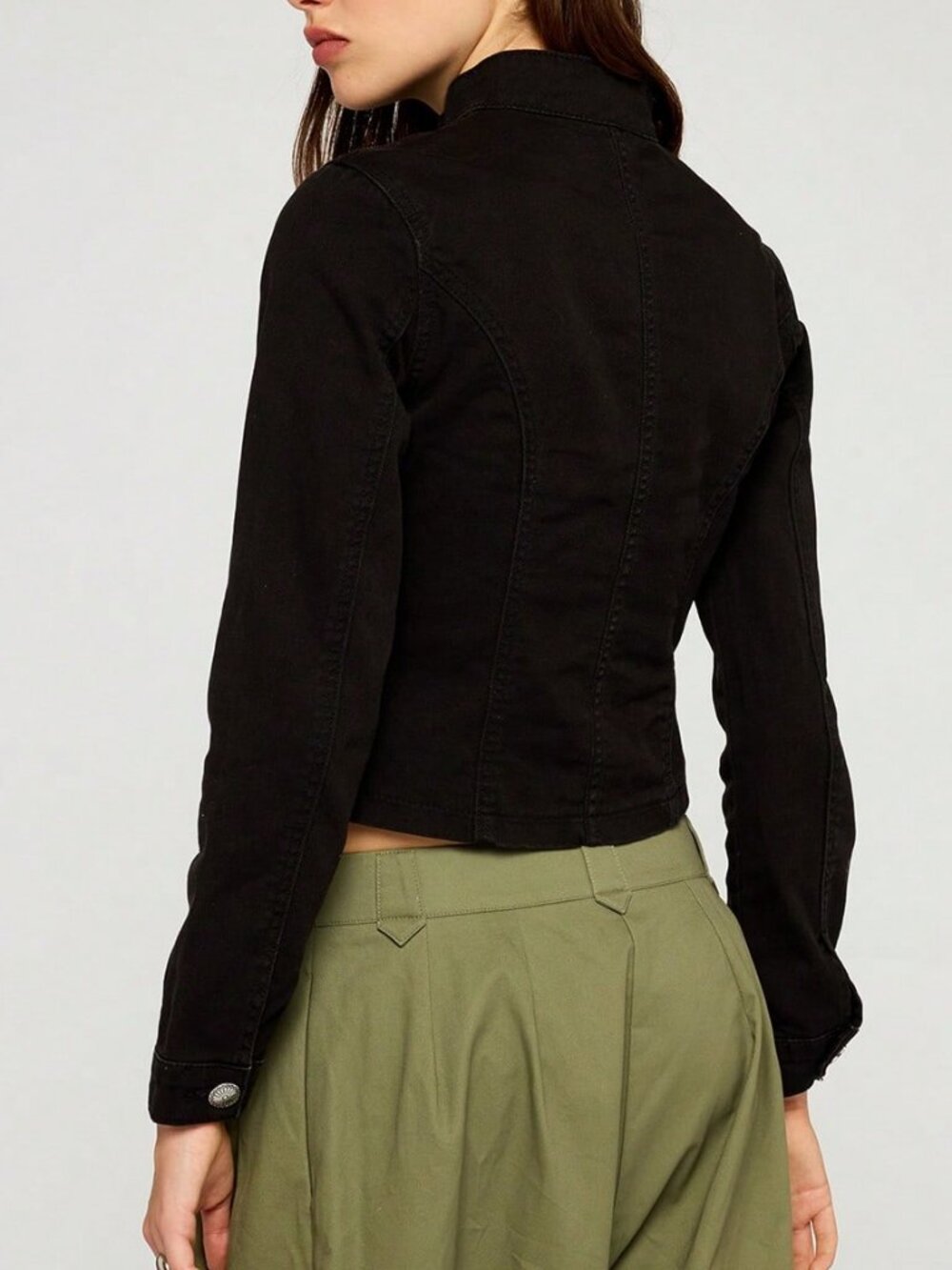 Black Casual Women's Dark Wash Denim Military Fitted Jacket - Picture 2 of 5